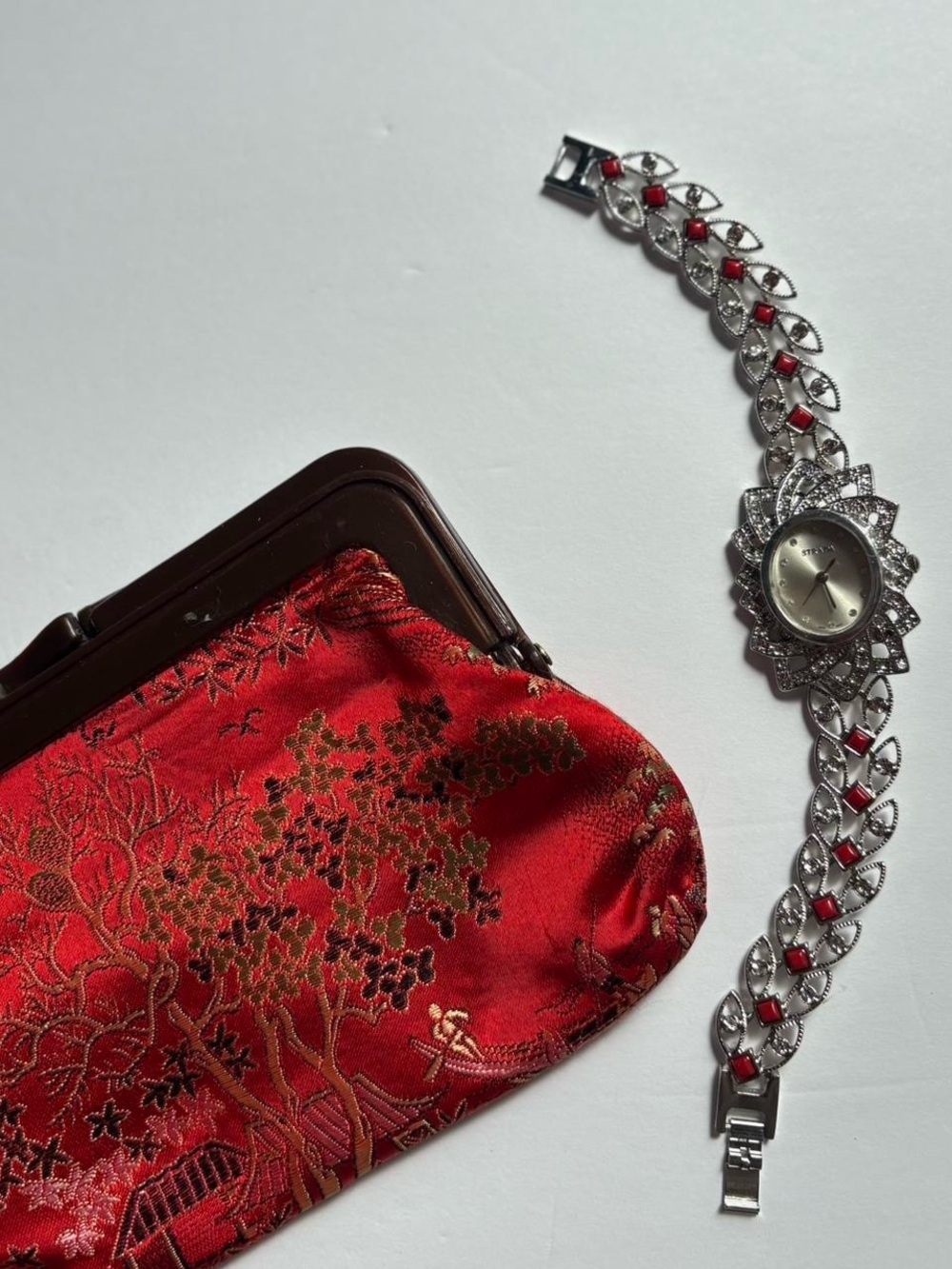 Strada Silver Floral Crystal Bracelet Watch with Red Accents